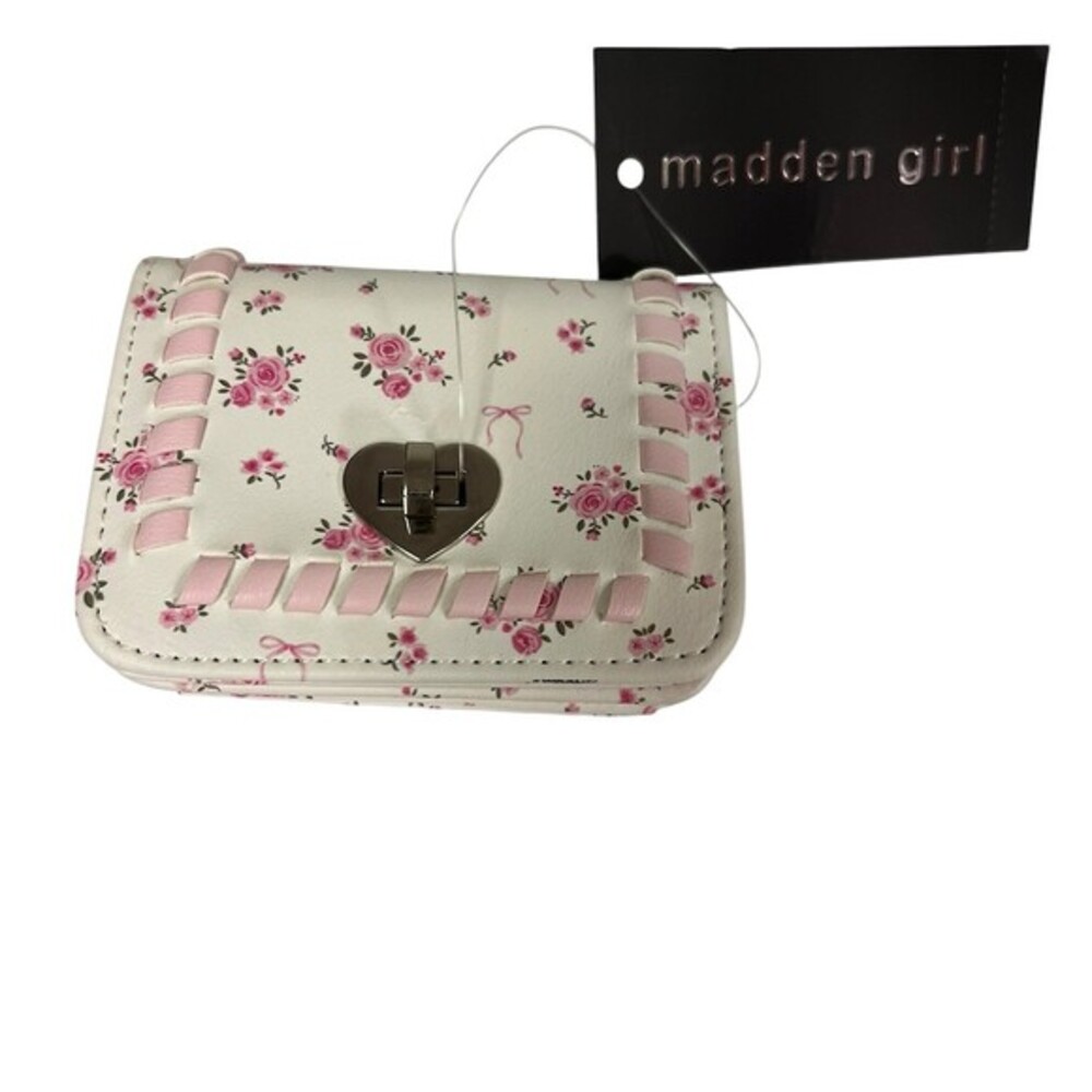 Madden Girl Card Wallet Womens One Size White Floral Rose Turn-Lock Mini